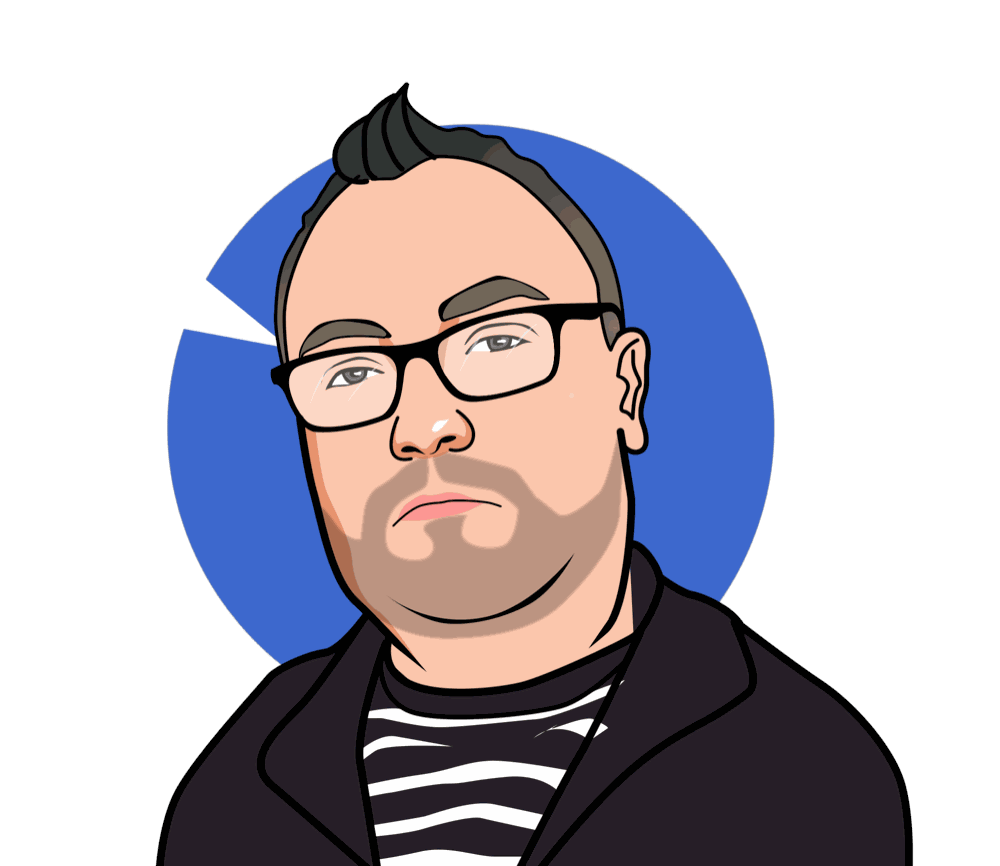 Illustrated portrait of Eric in glasses, a black jacket, and a striped shirt