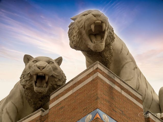 Two snarling stone tiger sculptures on top of a brick wall against a bright sky