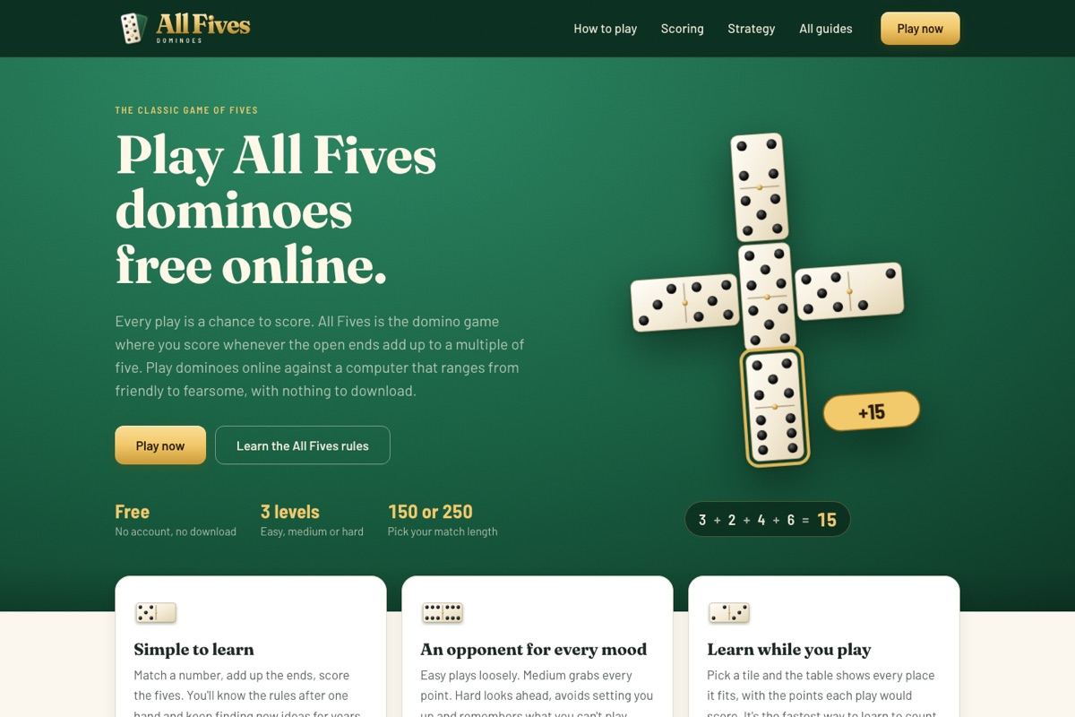 The All Fives Dominoes homepage: a green felt table with a cross of dominoes scoring 15 points