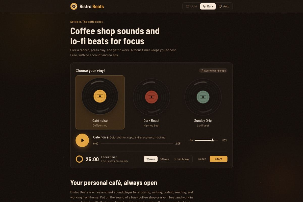 Bistro Beats: three vinyl records for café noise, a hip-hop beat, and a lo-fi beat, with a 25 minute focus timer