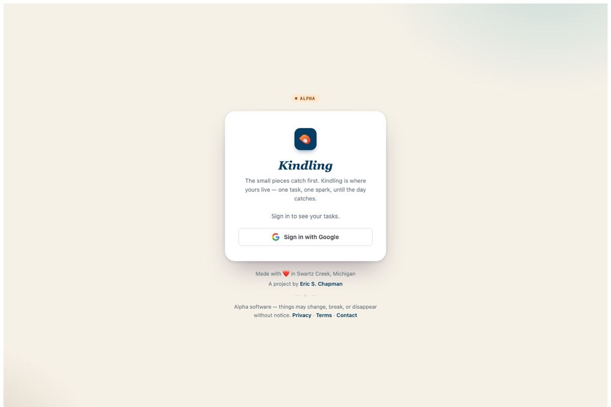 The Kindling sign-in page: a flame logo and the line, the small pieces catch first