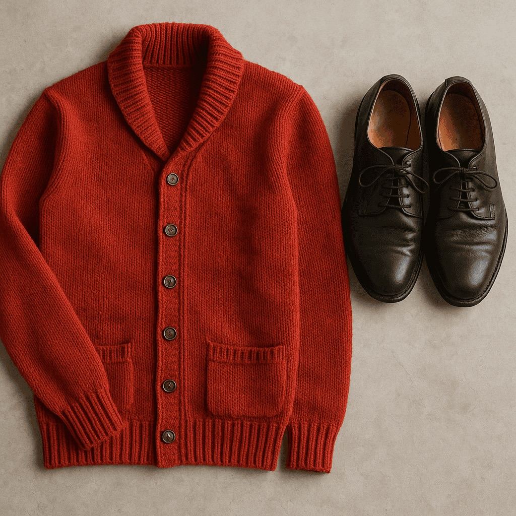 An illustration of a cardigan and sneakers in the style of Mr. Rogers