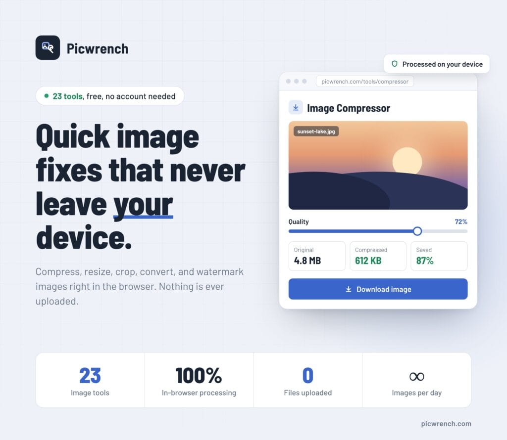 Picwrench's image compressor shrinking a photo from 4.8 MB to 612 KB