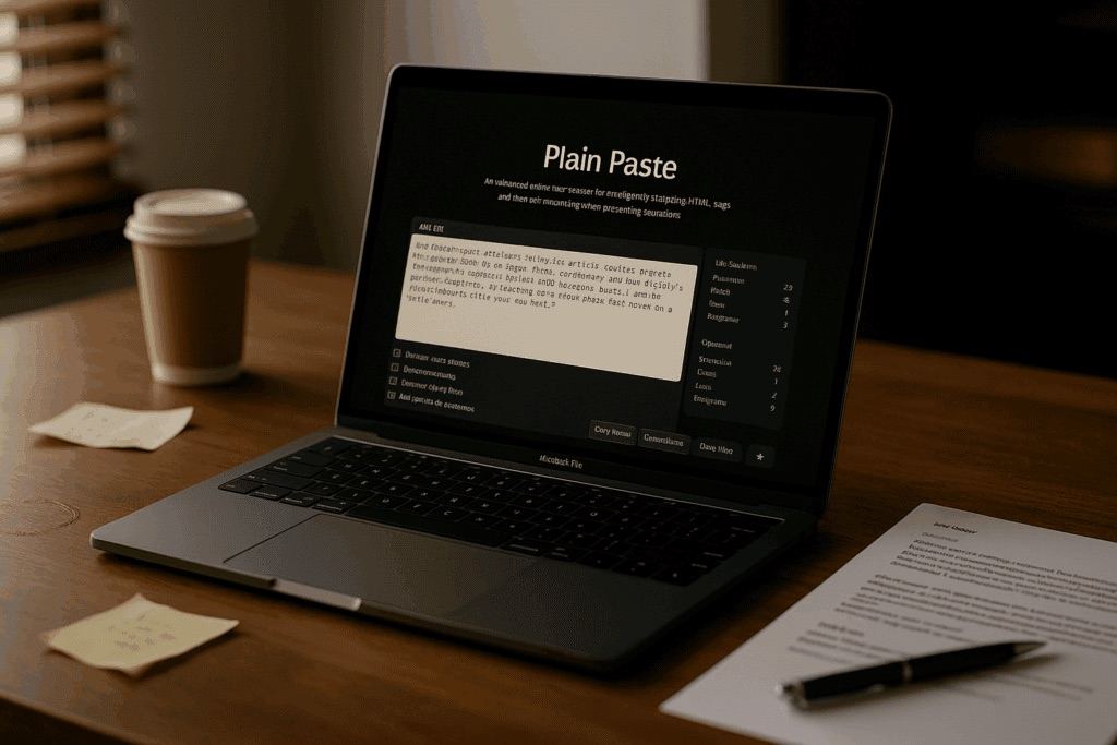 A laptop on a wooden desk open to the Plain Paste tool