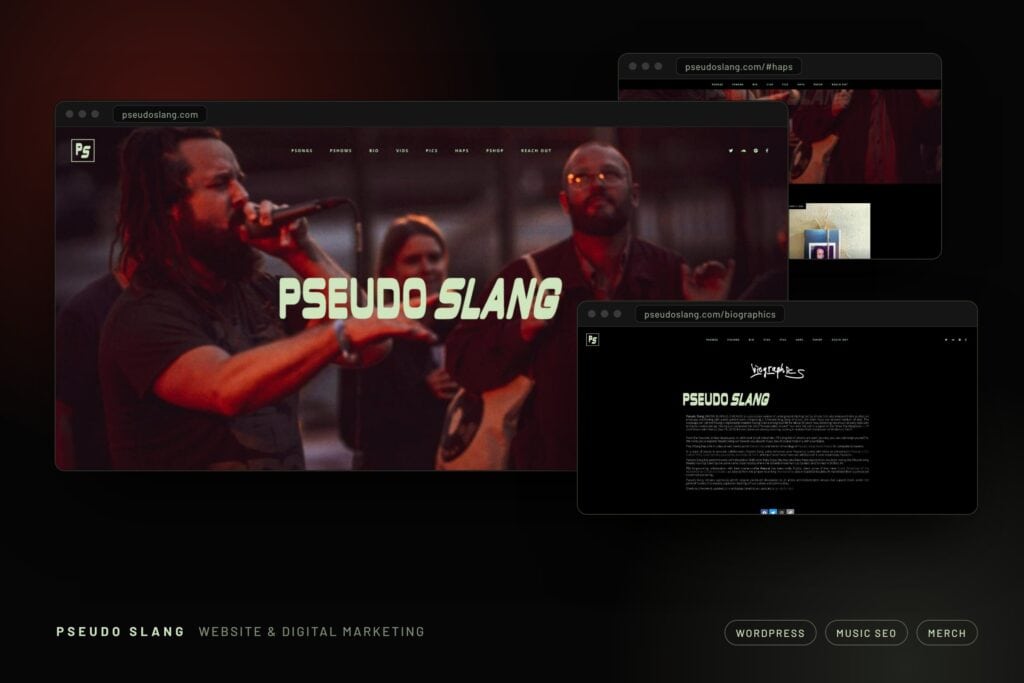 pseudoslang.com in three browser windows: the homepage hero, the news feed, and the bio page