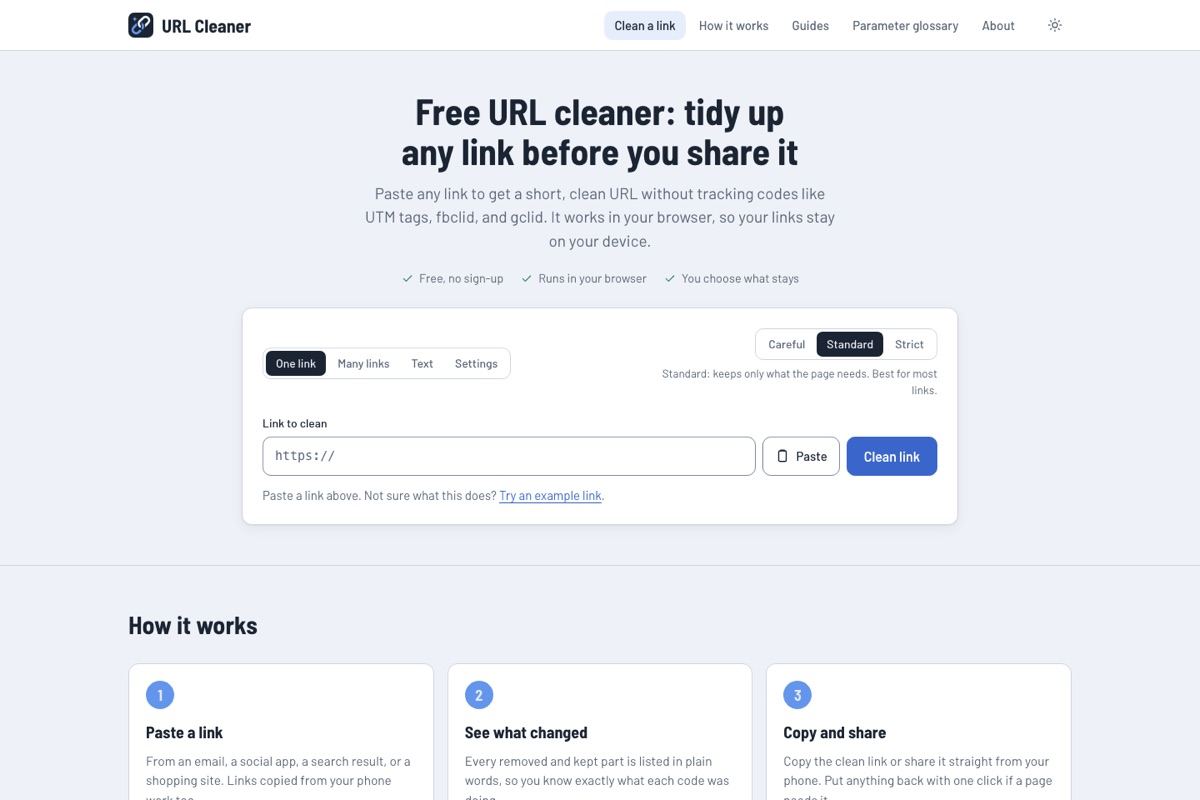The URL Cleaner tool: paste a link, choose careful, standard, or strict, and clean it