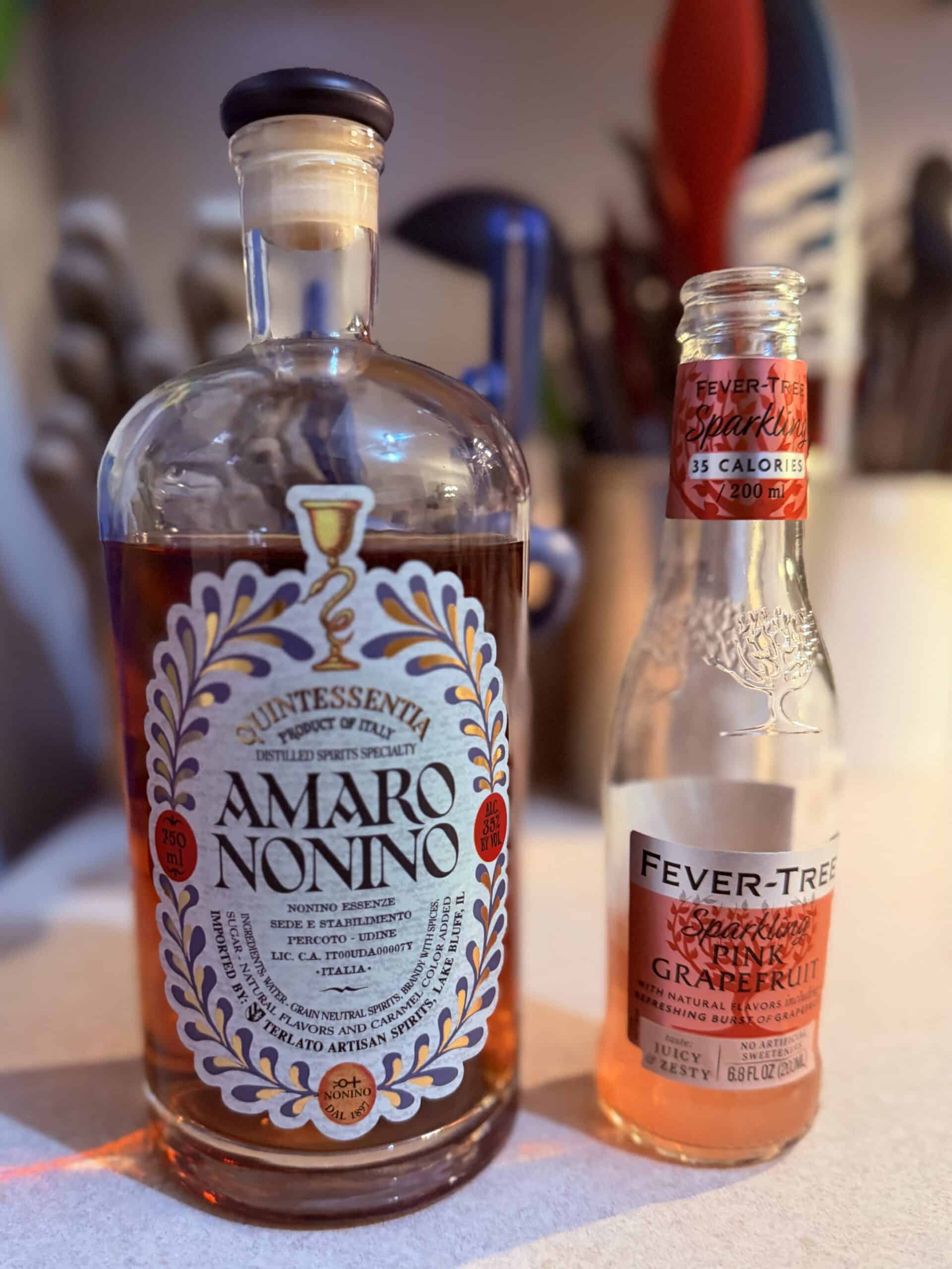 Amaro Nonino bottle and Fever-Tree Sparkling Pink Grapefruit for Second Hour Aperitivo cocktail recipe