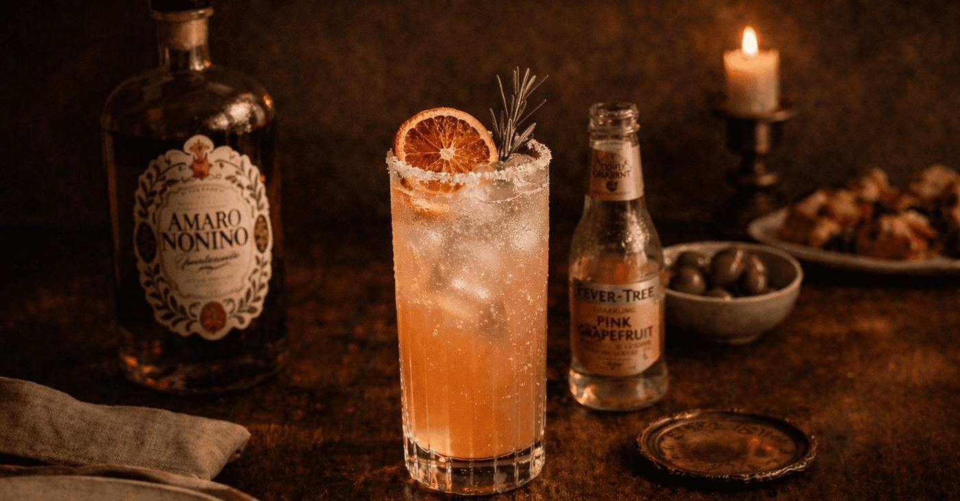 The Second Hour Aperitivo cocktail, an Amaro Nonino and pink grapefruit highball
